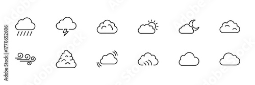Weather icons set with rain cloud, thunderstorm cloud, cloud, partly cloudy, night cloud in line style