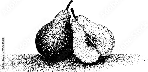 Black and white halved pear illustration with dotwork effect for vintage design