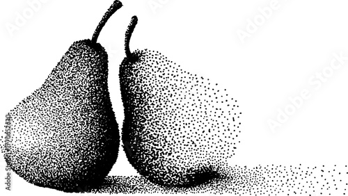 Black and white stipple illustration of a pear sliced in half for artistic design
