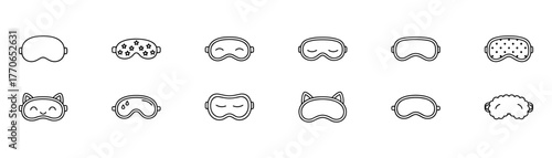 Set of 12 Black and White Line Drawings of Unique Sleep Masks