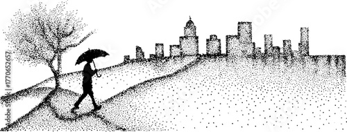 Serene cityscape walk with umbrella in black and white dot art style