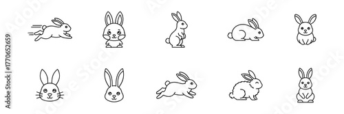 Rabbit line art illustrations set in various poses and expressions