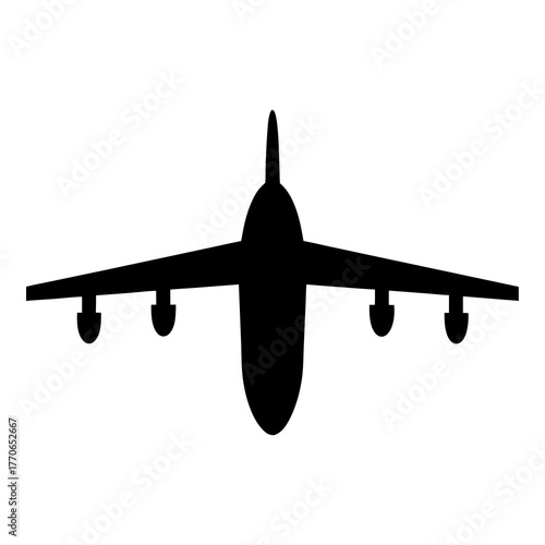 Silhouette of a heavy cargo airplane viewed from underneath with four engines