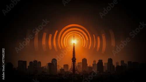 Fototapeta Naklejka Na Ścianę i Meble -  City skyline with a tall tower in the center. The tower is surrounded by a large circle of orange and black