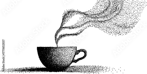 Vintage black and white dotwork illustration of porcelain cup with steam