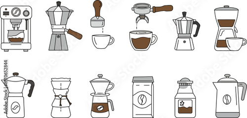 Various coffee brewing methods and equipment illustrated in a simple, clean style.