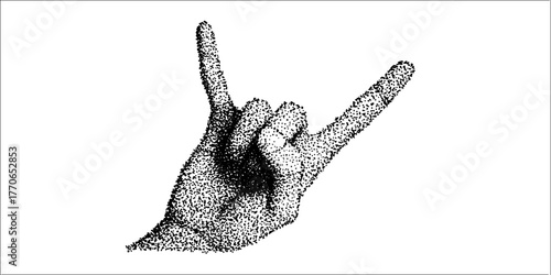 Black and white punk rock hand gesture illustration with stipple effect for posters