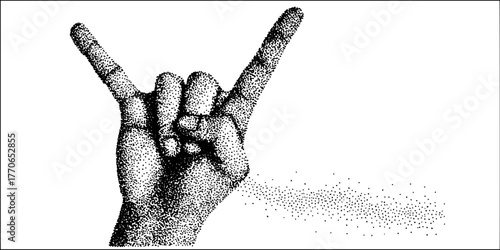 Black and white punk rock hand gesture dotwork design for posters and prints