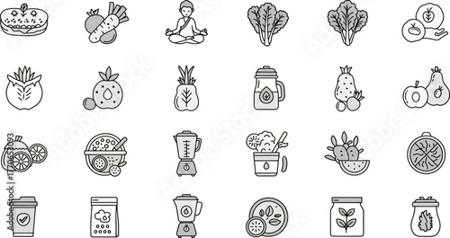 Collection of outline icons featuring fruits, vegetables, smoothies, and healthy lifestyle elements in a minimalist style.