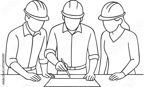 Engineers Reviewing Blueprint – Line Art Illustration

