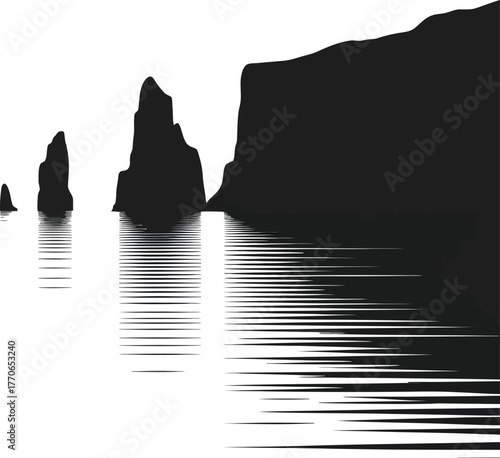 Dramatic black silhouette of towering cliffs over a calm sea
