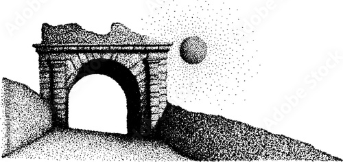 Roman archway and landscape in black and white dotwork art for classic design
