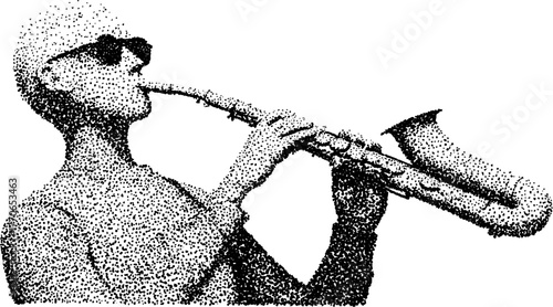 Roman bust with sunglasses and saxophone in vintage dotwork style