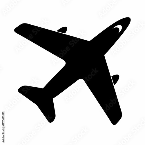 A simple black silhouette of an airplane against a white background