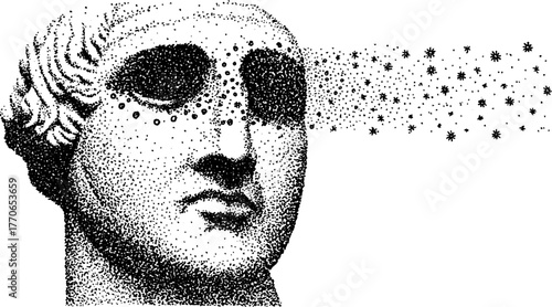 Surreal roman bust with abstract eyes in black and white dotwork style