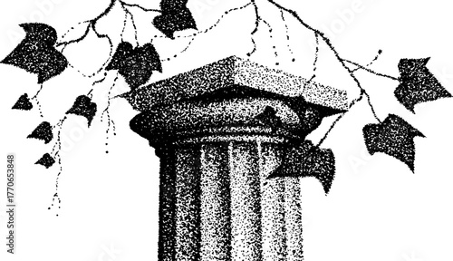 Black and white roman column covered in ivy stipple effect for classic design
