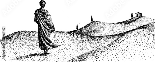 Roman figure strolling through countryside in vintage dotwork style