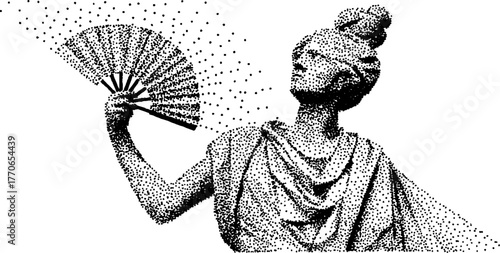 Black and white roman statue illustration with fan - vintage dotwork art design