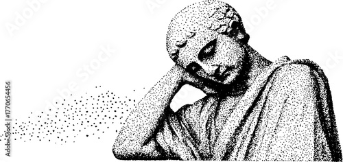 Black and white stipple illustration of a roman statue with leaning pose in vintage style design