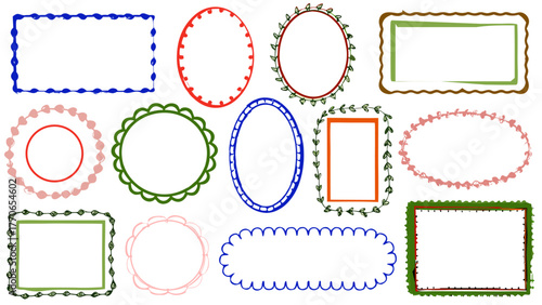 Doodle coastal frame set, hand drawn colorful border collection. Elegant retro empty banner, poster, placard, postal stamp. Doodle frame décor.