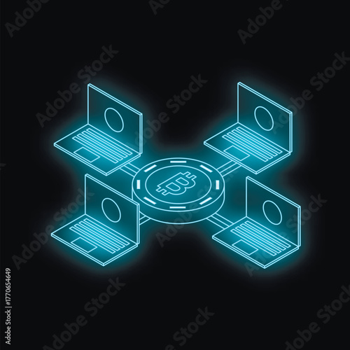 Glowing bitcoin connecting with laptops, representing cryptocurrency mining and blockchain technology