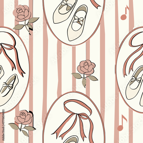 Italian seamless vector pattern with ballet slippers, roses, ribbons, and music notes. Stripes make it perfect for fabric, wrapping, and spring.