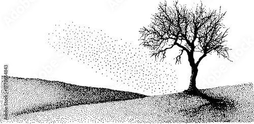 Solitary bare tree in stipple art landscape for nature design concepts