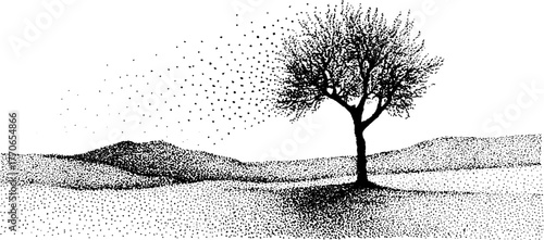Solitary bare tree in stippled landscape with vintage halftone effect