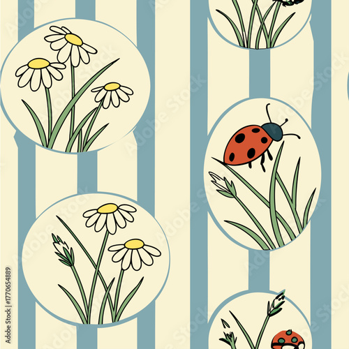 Italian seamless vector pattern with daisies, grass sprigs, bumblebees, ladybugs, and tiny mushrooms. Stripes make it perfect for fabric, wrapping, and spring.