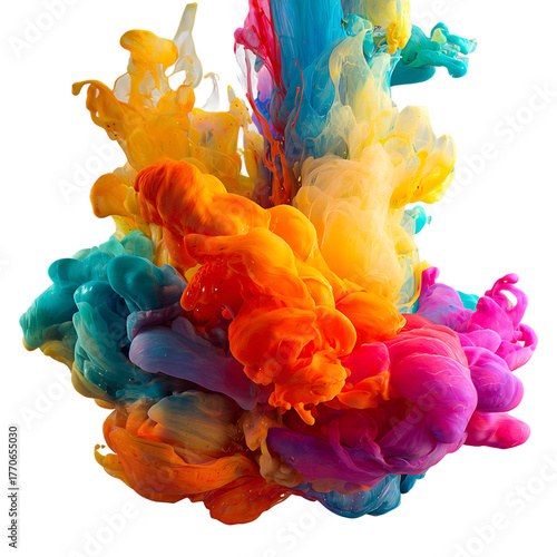 Colorful ink exploding in water, abstract explosion of vibrant colors isolated on transparent background