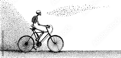 Retro skeleton cycling adventure in vintage dotwork style
