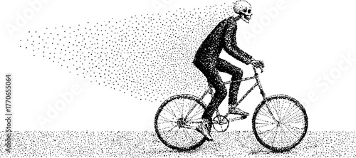 Skeleton riding bicycle dotwork illustration for vintage posters or cards