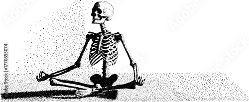 Skeleton meditating in black and white illustration with halftone texture for meditation concepts