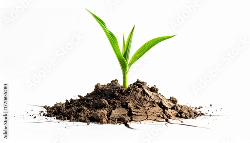 green plant sprout growing from soil on white background