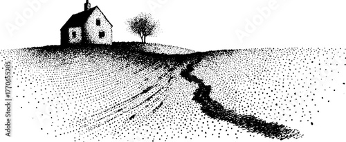 Rustic countryside scene with small house silhouette and tree in black and white art