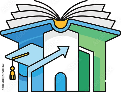 Educational Building With Graduation Cap and Upward Arrow Symbolizing Learning and Growth