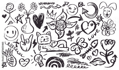 Chalk scribble doodle elements set. Hand-drawn crayon and marker sketch vector for kids and creative design