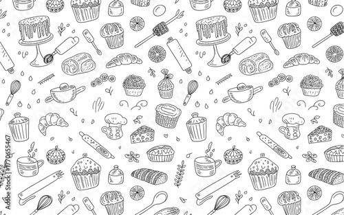 Seamless hand drawn baking pattern with cakes cupcakes croissants desserts kitchen tools whisks rolling pins mugs piping bags muffins