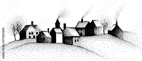 Winter village scene in black and white for holiday decoration and design