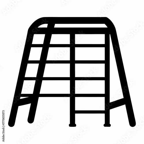 Black and white image of a jungle gym climbing apparatus for kids