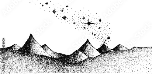 Majestic star shower over distant mountains in black and white illustration