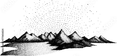 Celestial star shower over distant mountains in black and white illustration