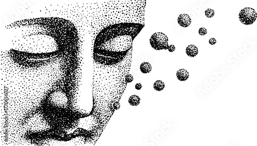 Abstract black and white statue face with floating spheres in vintage dotwork style