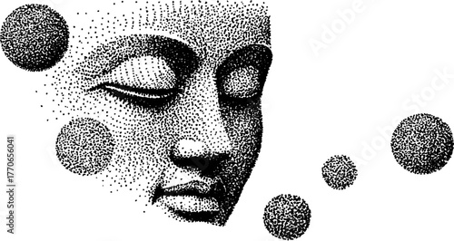 Contemplative statue face in black and white with stipple effect for artistic design