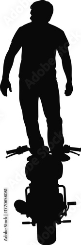 Motorcycle stunt silhouette with person standing upright, extreme sport vector illustration for adventure, performance, balance, and risk-themed content