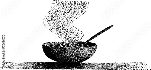 Black and white dotwork illustration of steaming bowl of porridge