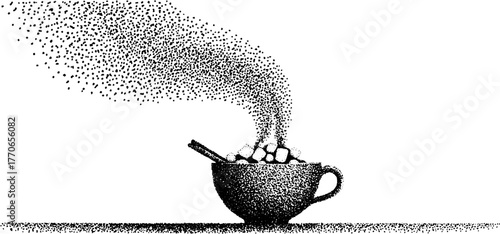 Vintage black and white illustration of a steaming cup of cocoa with marshmallows