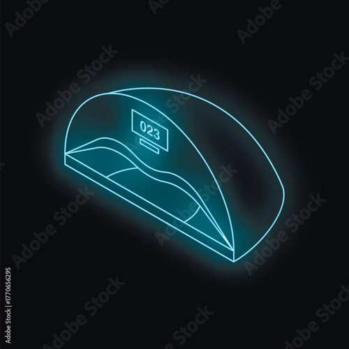 Uv lamp for nails with timer showing 023, glowing neon style on black background, isometric view