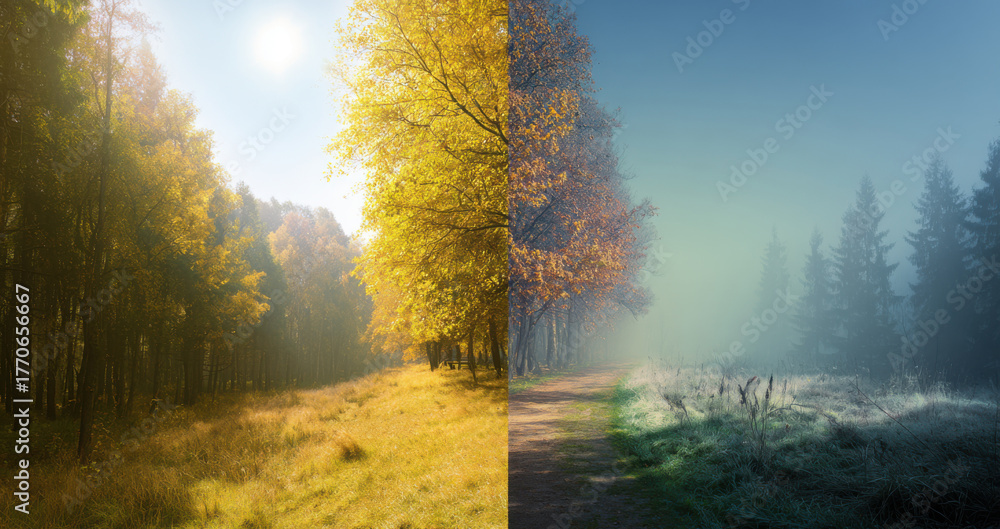 Fototapeta premium Autumn forest landscape showcasing vibrant yellow foliage on the left and a serene foggy scene with evergreen trees on the right, illustrating seasonal contrasts in nature