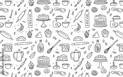 Seamless baking doodle pattern with cakes, cupcakes, pies, croissants, utensils, rolling pins, whisks, bowls, kitchen tools, culinary background